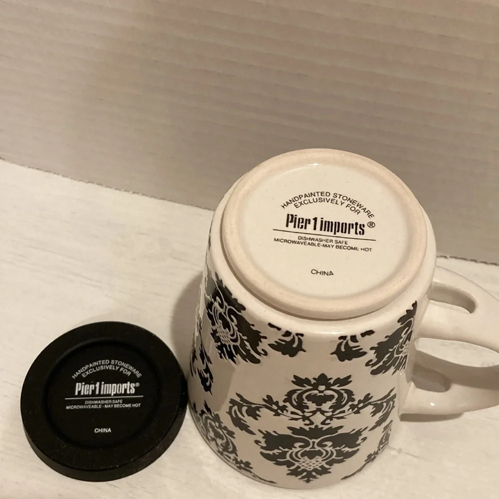 Pier 1 White and Black Damask Design Handpainted Stoneware Mug Cup